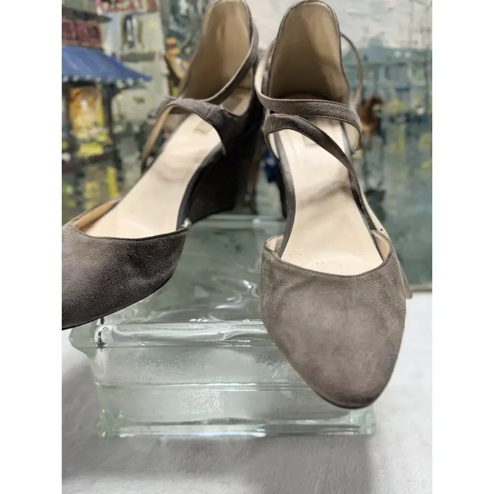 Cole Haan Grand OS Suede Wedge Pumps Taupe Gray Strappy Shoes Women Size 9B